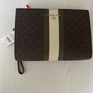 Michael Kors Brown Logo Wristlet with Olive and Cream Center Stripe